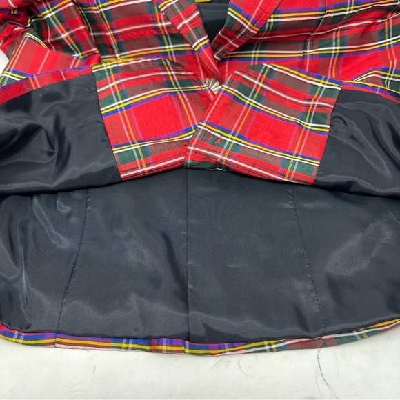 Vintage Painted Pony Red Tartan Plaid Silk Cropped Blazer Chunky Buttons Size 12 - Picture 14 of 16